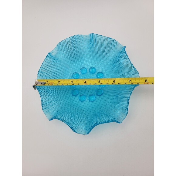 Bright Aqua Blue Ruffled Glass Textured Bowl Waffle Pattern 7.5" - Picture 8 of 8